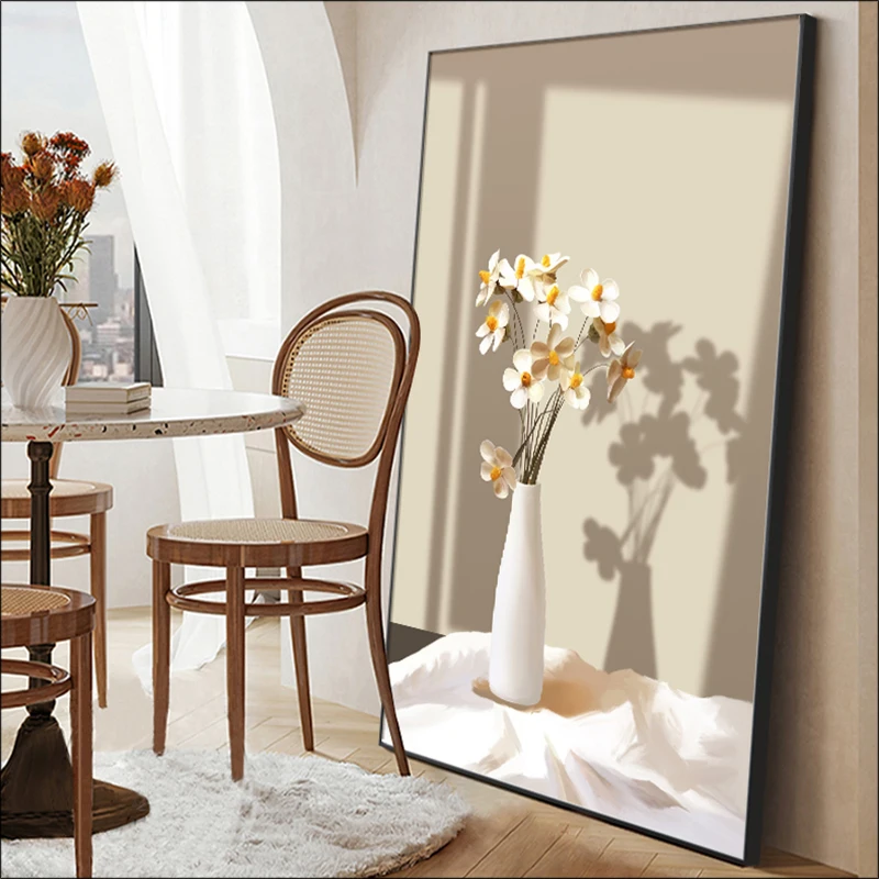 

Плакат с цветами натюрморт, Декоративная Настенная картина с эффектом скандинавсветильник и теней, Картина на холсте с кремовыми цветами д...