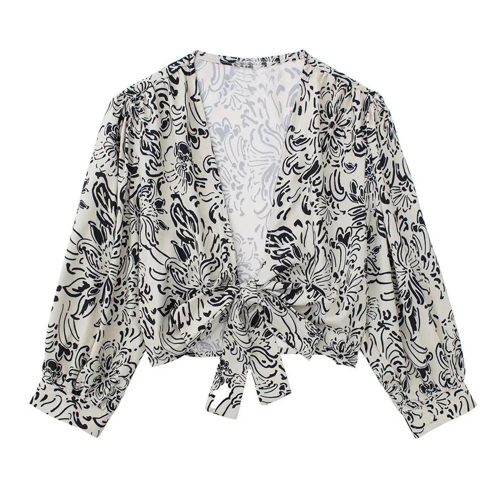 

Женская одежда, новинка 2022, модная женская рубашка с коротким рукавом, винтажный укороченный топ с бантом и принтом, шикарная женская блузка...