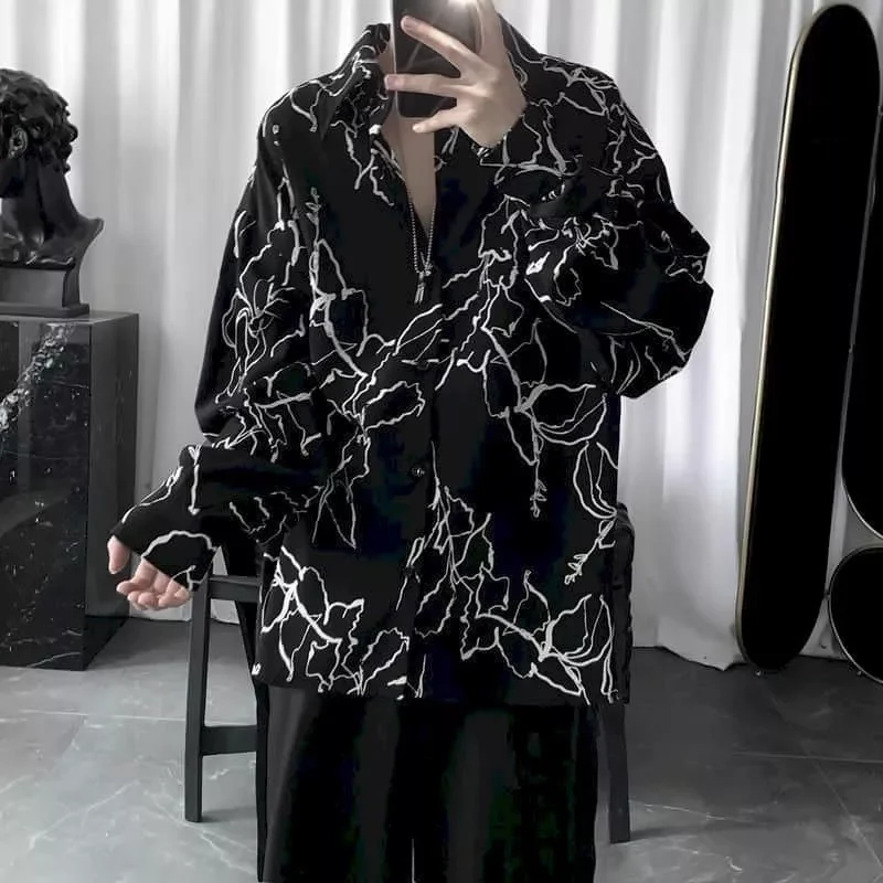 

Long sleeve shirt men women goth spring autumn Korean Harajuku bf grunge retro dark hip-hop couple Shirt lightning tactical top