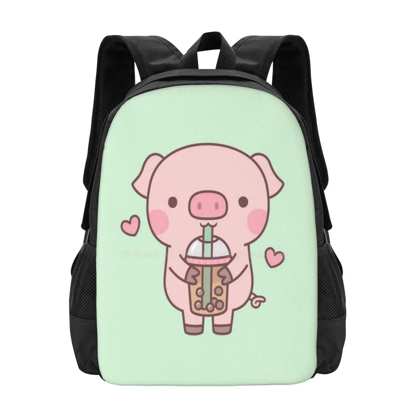Cute Little Piggy Loves Boba Tea School Bags For Teenage Gir