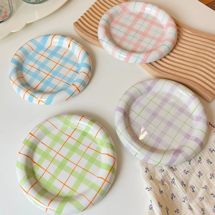 

Checkered Dinner Plate Ceramic Tableware Western Food Plate Nice and Lovely Household Dish Plate Salad Plate Pasta Plate