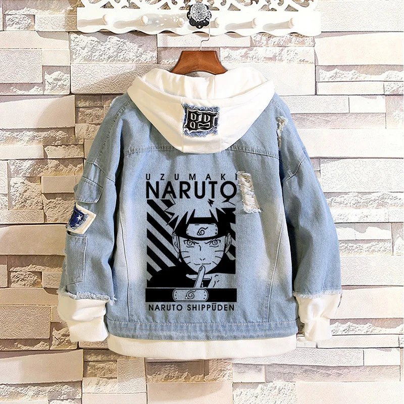 

Hot Anime Denim Jacket Men Harajuku Fashion Oversized Jacket Print Uzumaki Akatsuki Sakura Kakashi Sasuke Kakashi Ninja Clothes
