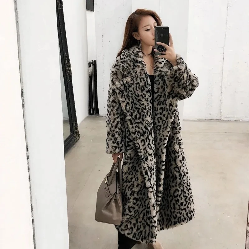 Vintage Leopard Loose Women's Long Winter Coat Warm Blazer Design Jacket Thick faux fur lambswool Trendy Outerwear Manteau Femme