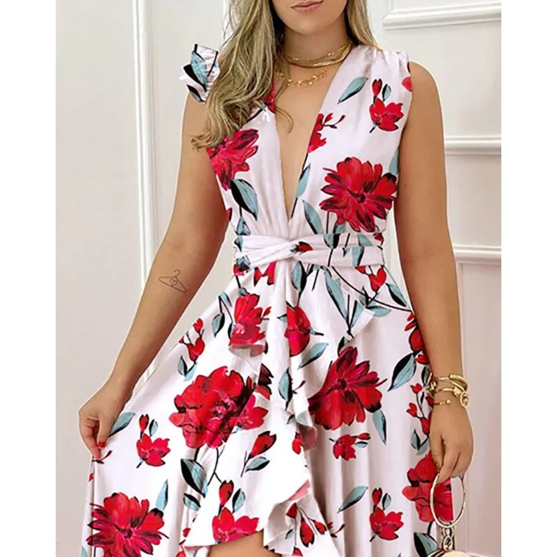 Женское длинное платье с принтом элегантное без рукавов высокой талией и