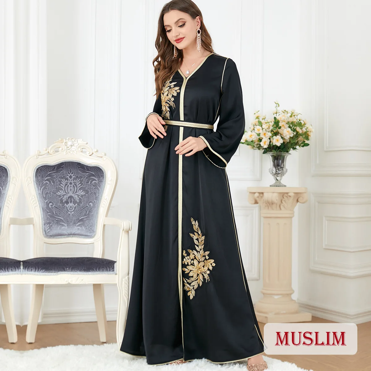 

Modest Woman Party Muslim Dress Elegant Dubai Embroiderers Female Belt Arabic Abayas Dresses Kaftan Robe Turkey Musulman