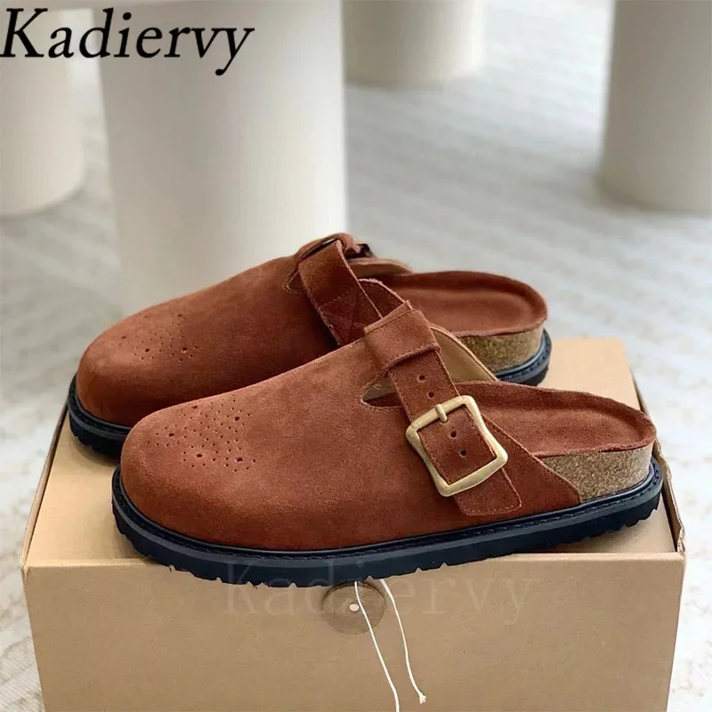 Шлепанцы женские из нубука люксовые туфли на плоской подошве круглый носок