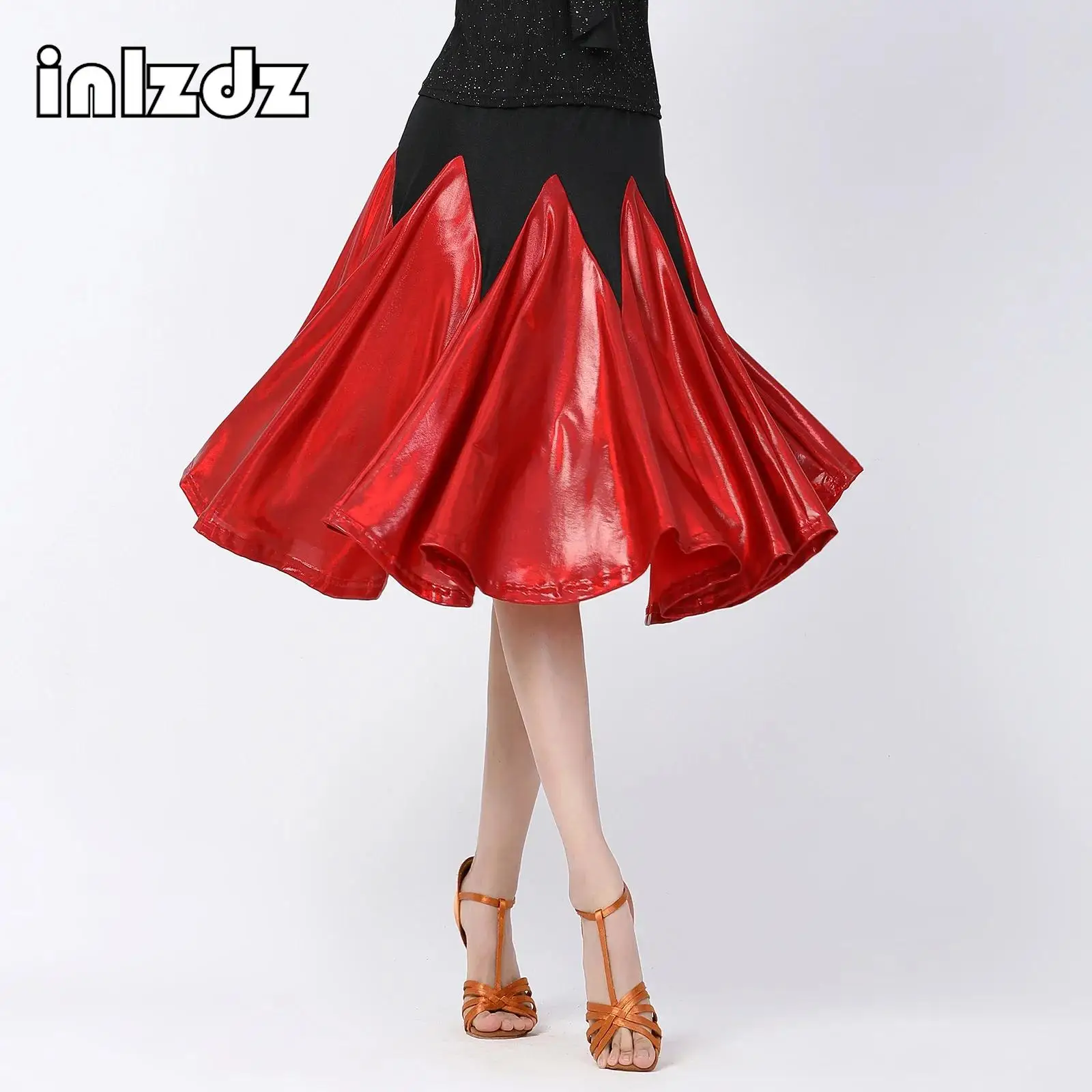 

Womens Latin Dance Ballroom Dancing Performance Costume Metallic Ruffled Skirt Contrast Color Patchwork Elastic Waistband Skirts