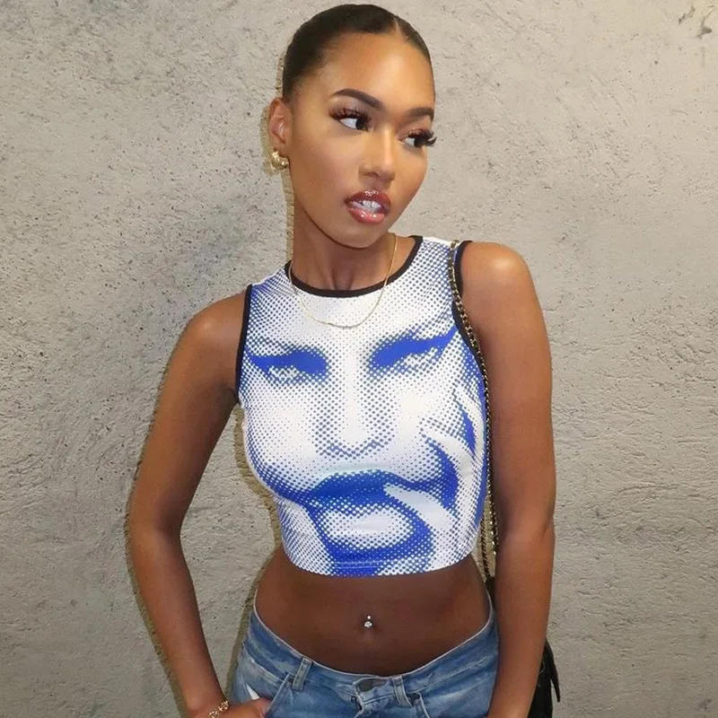 

Women's 2023 Spring New Product Street Shoot 3D Effect Printed Slim Fit Open Umbilical Round Neck Tank Top