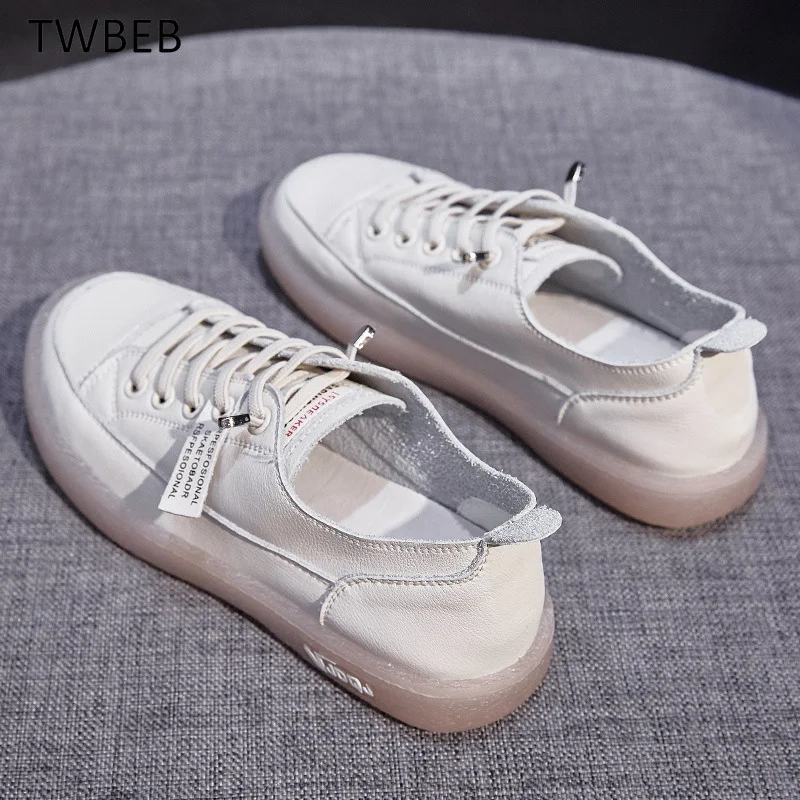 

Genuine Leather Women's Casual Vulcanize Designer Cowhide Sport Walking Running Shoes Spring Summer White Lady Flats Sneakers