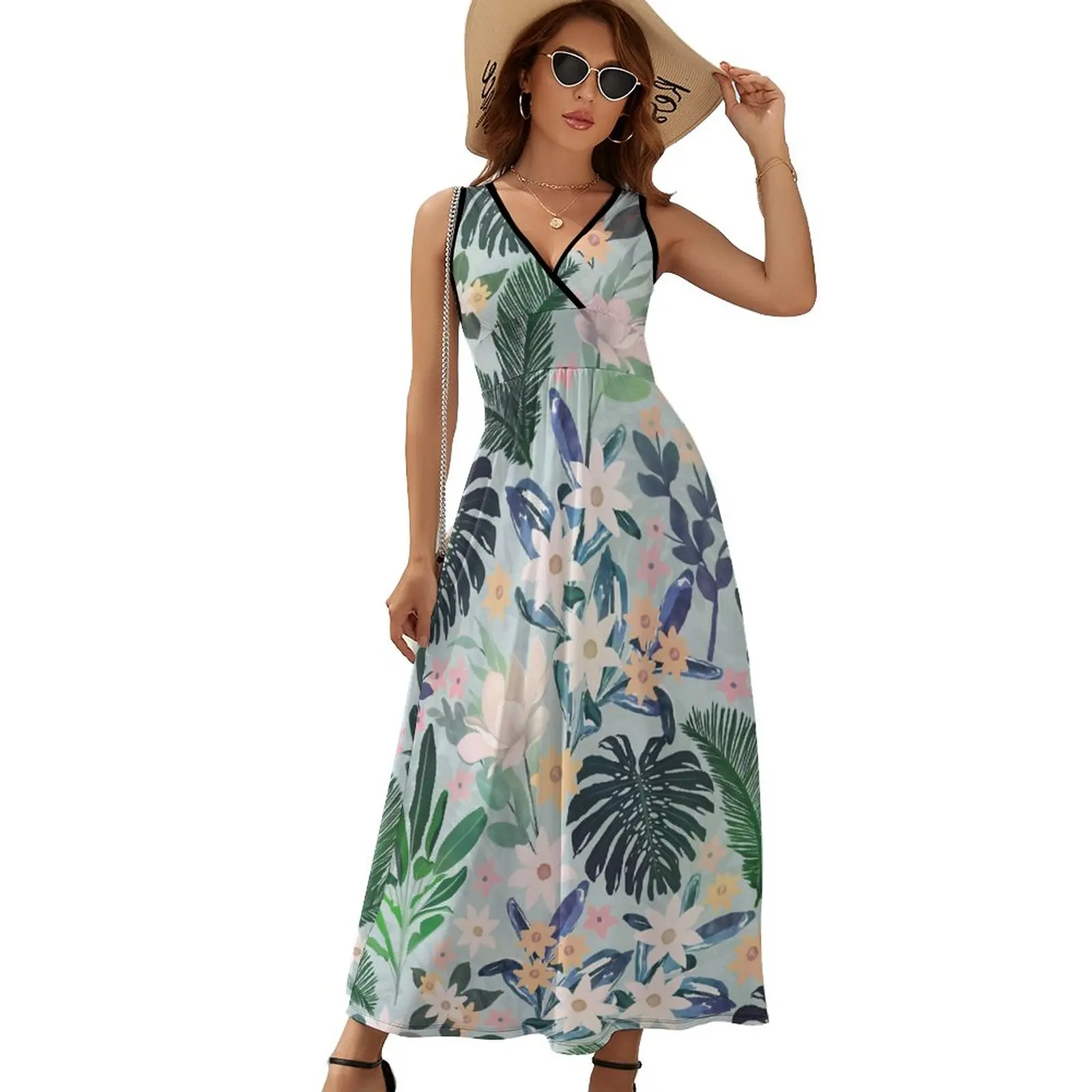 

Платье женское длинное в стиле бохо, Пляжное Платье с зелеными листьями, с тропическим цветочным принтом, для ночного клуба, индивидуальный пошив, идея для подарка