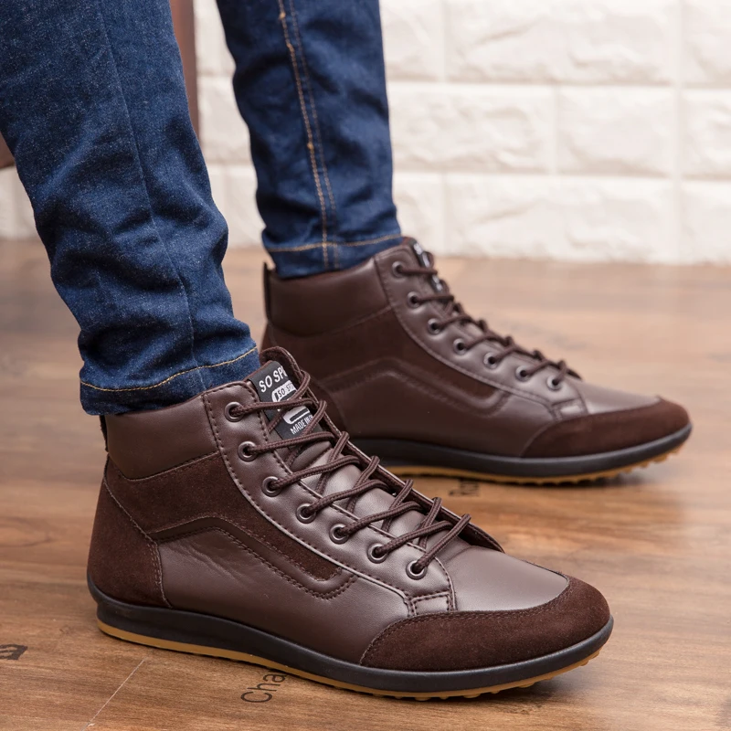 Fashion Men PU Leather Boots Male Casual All Matching Spring Autumn Lace Up High Top Casual Flat Shoes Cool Leisure Ankle Boots