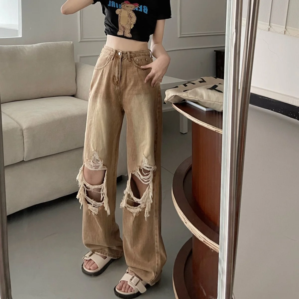 

Ripped Straight Jeans Brown Green Summer Women's Casual Denim Pants