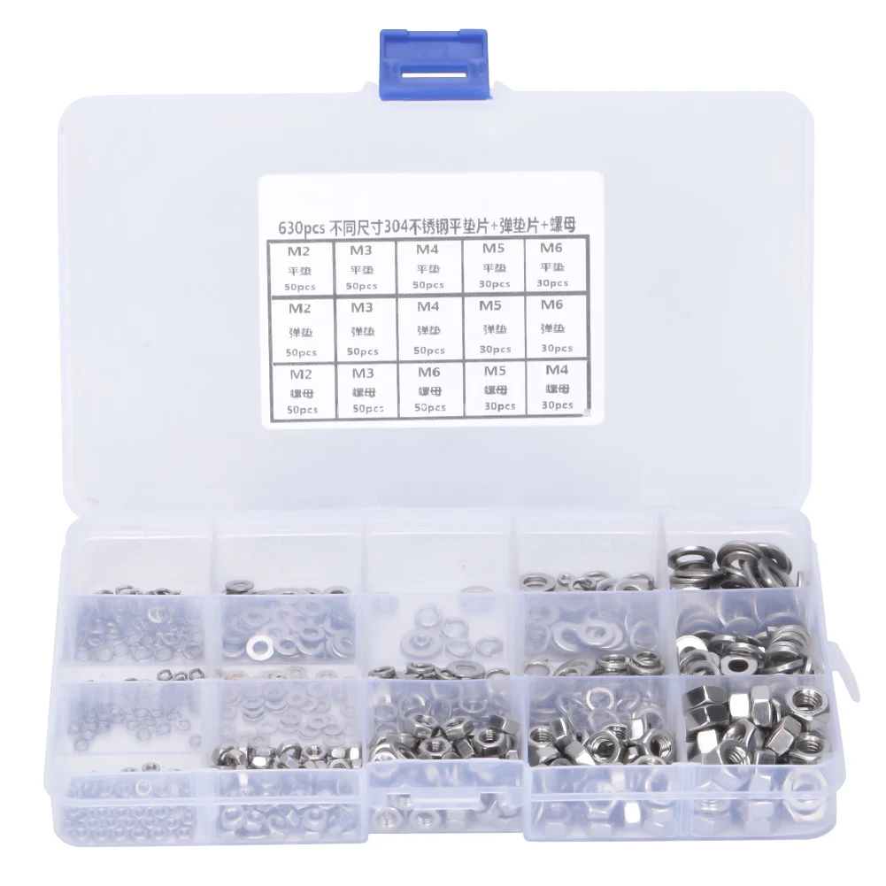 

630PCS Stainless Steel Flat Washer + Spring Gasket + Nut M2 M3 M4 M5 M6 630pcs