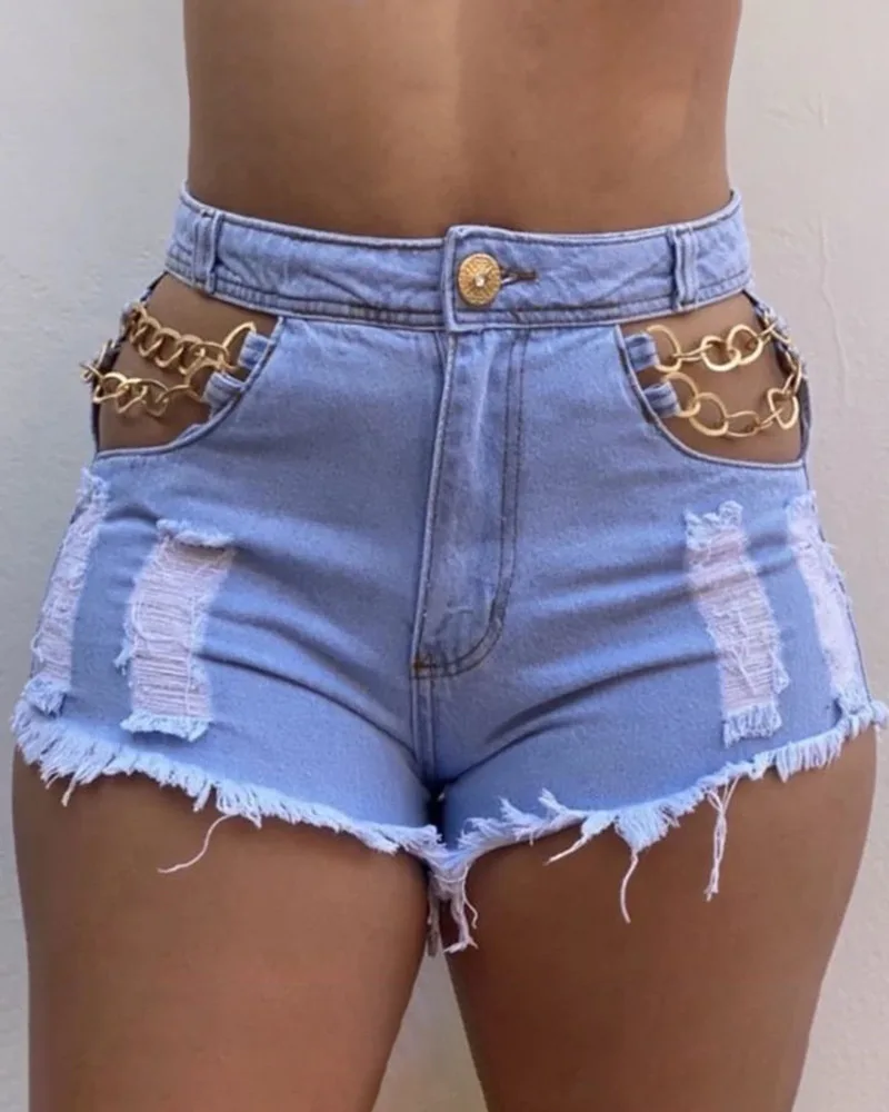 

Women Shorts New Light Blue Metal Chain Contrasting Colors Holes And Hollows Old White Ground And Washed Raw Edges Sexy Shorts