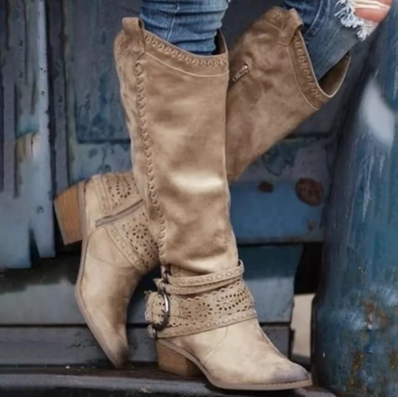 

Botas de cuero de Tube alto С cremallera для mujer, zapatos de стиль britar для офиса, информационные, ahuecados, 2022