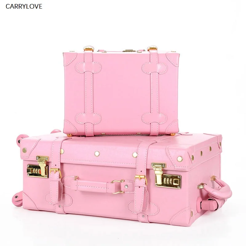 CARRYLOVE High quality girl PU leather trolley luggage bag set,lovely full pink vintage suitcase for female,retro luggage gift