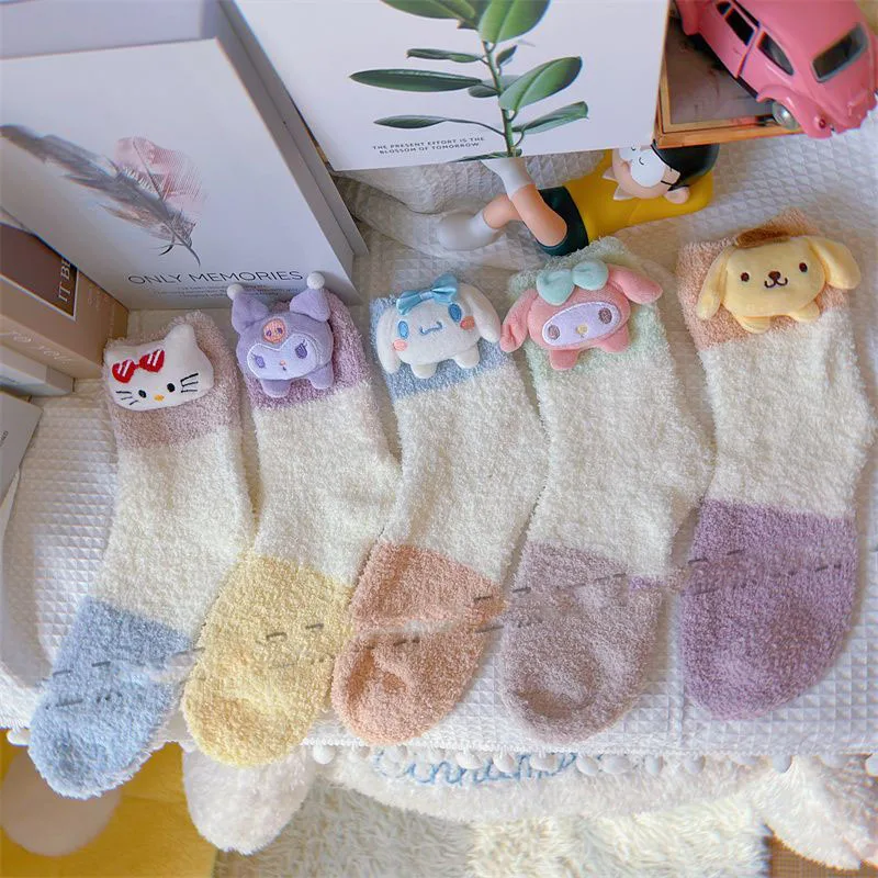 

Kawaii Sanrio Socks Cinnamoroll Kuromi Hello Kitty Plushie Cute Anime Warm Non-Slip Sweat Home Leisure Socks Kids Y2K Funny Gift