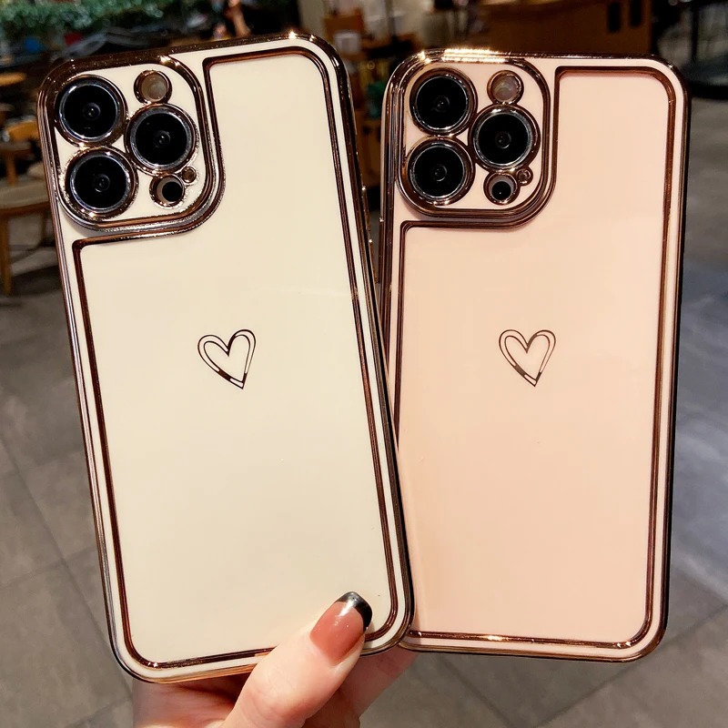 

Love Heart Phone Case For iphone 13 12 Mini 11 Pro XS Max X XR 8 7 Plus SE 2020 Luxury Glitter Plating Silicone Soft Back Cover