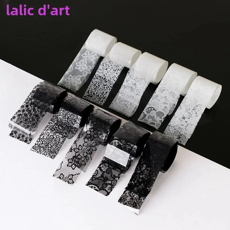 Feuille de transfert de dentelle noire et blanche, 10 rouleaux de 2.5x60cm, pour Nail Art, enveloppes complètes Sexy, colle florale, adhésif, outils de manucure à faire soi-même