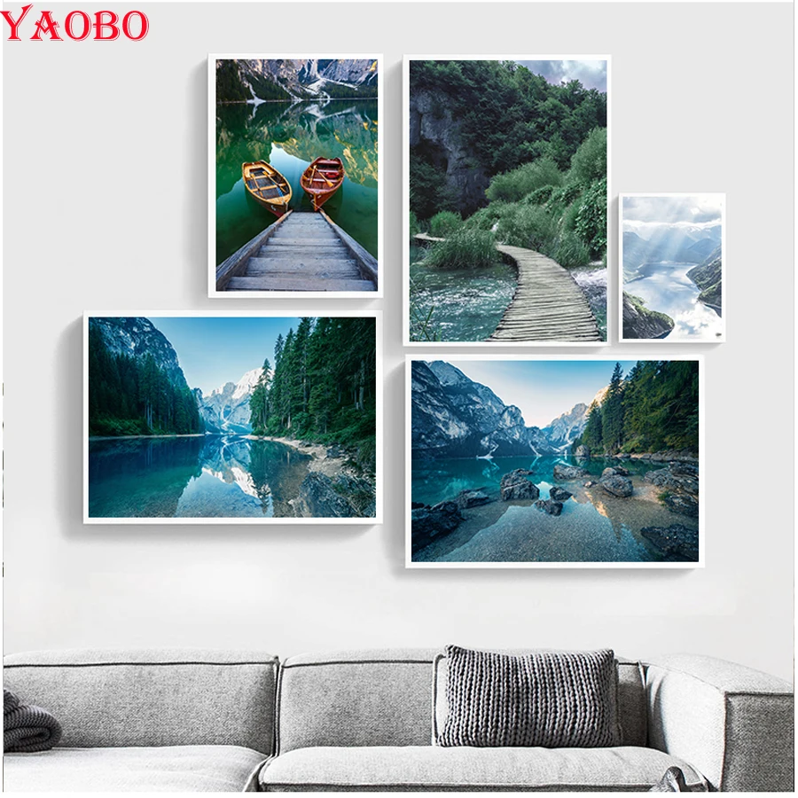 

5D DIY Diamond Painting Scandinavian Nature Landscape Diamond Embroidery Cross Stitch Kits Mountain Lake Boat Mosaic Rhinestones