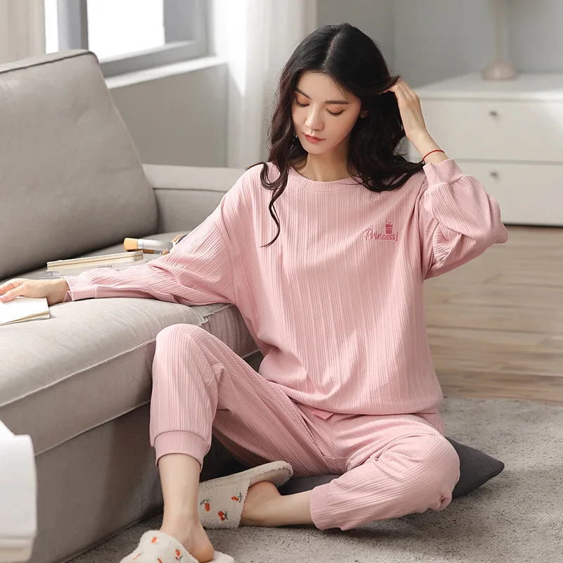 Women's Pajamas Spring and Autumn Pure Cotton Pullover Long-sleeved Round Neck Home Clothes Simple Loose Home Clothes