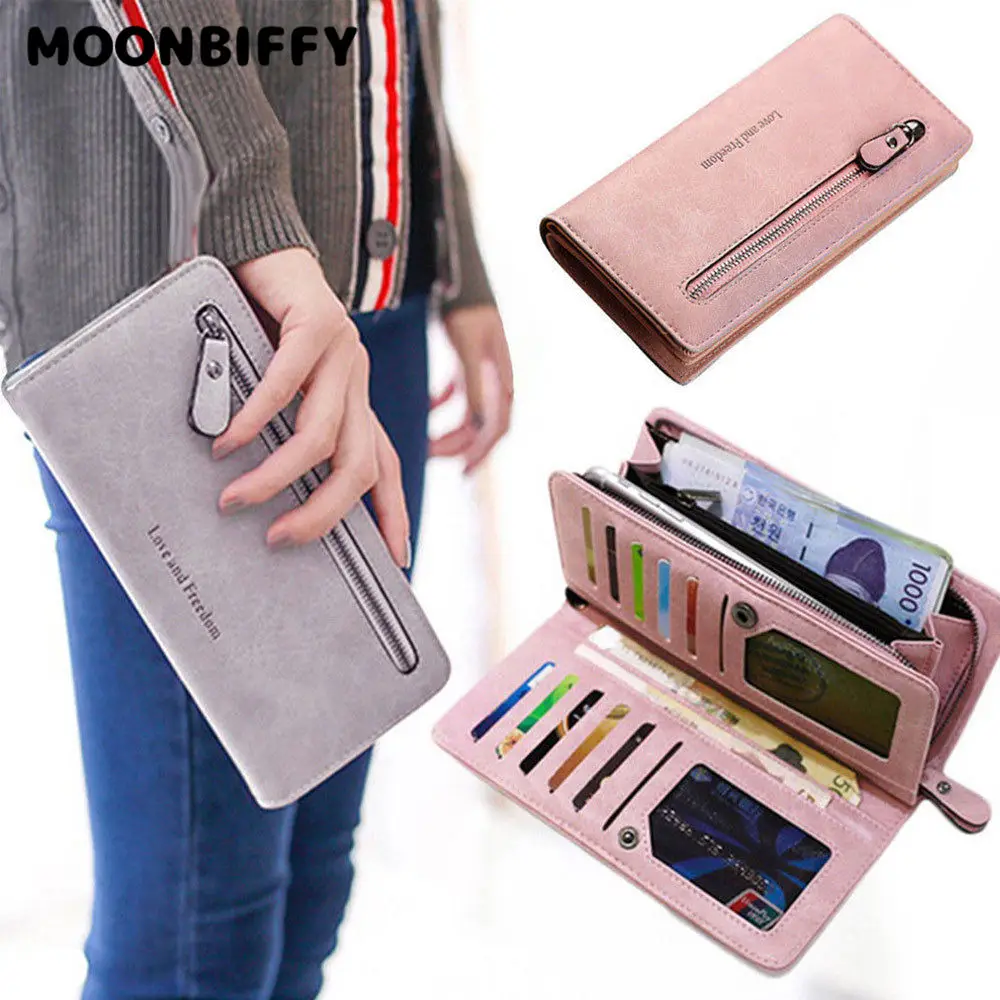 

New Fashion Women Lady PU Leather ladies purse solid color frosted zipper ladies long clutch wallet cell phone bagHot Style