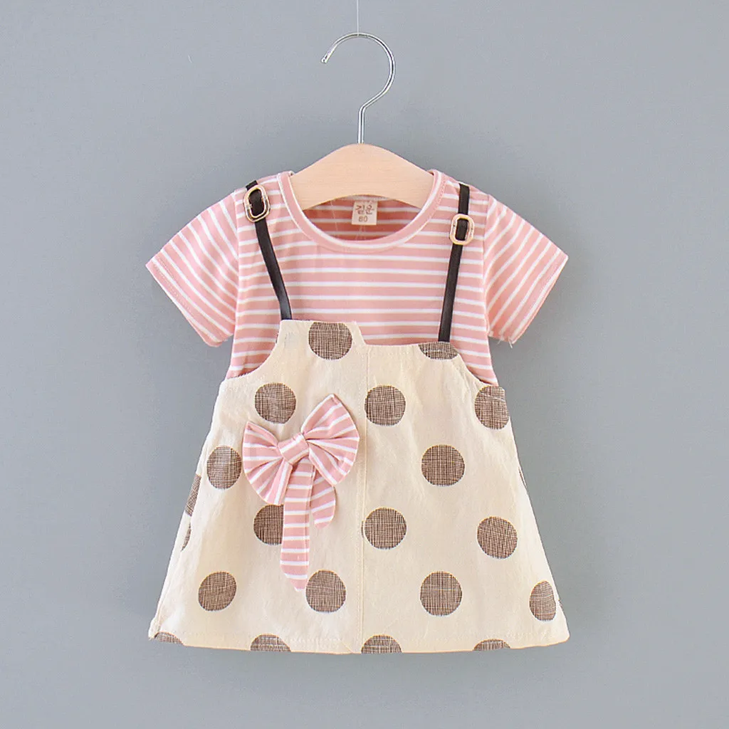 

Toddler Kids Baby Girls Dot Stripe Print Tops Bow Princess Dress Outfits High Tea Dresses for Girls
