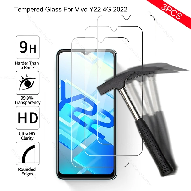 

3PCS Protective Glass For Vivo Y22 2022 Tempered Glass On VivoY22 Y 22 22Y 4G 6.55" 9H Screen Protectors Explosion-proof HD Film