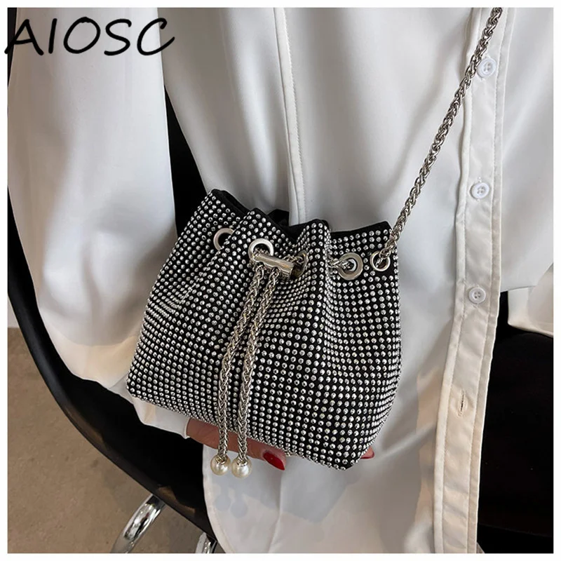 Full Drill Bucket Bag For Women 2022 New Samll Casual Crossbody Bag Luxury Rhinestone Design Chain Hanfbag Party Shoulder Bag