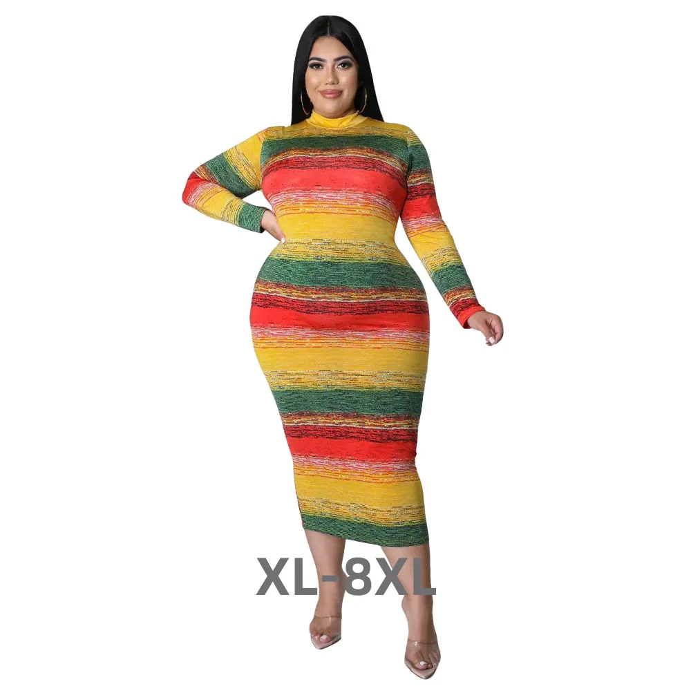 

Plus Size Fall Winter High Neck Sexy Printing Big Size Dress Wholesale Long Sleeves Colorful Pattern Elegant 3xl 4xl 5xl 6xl
