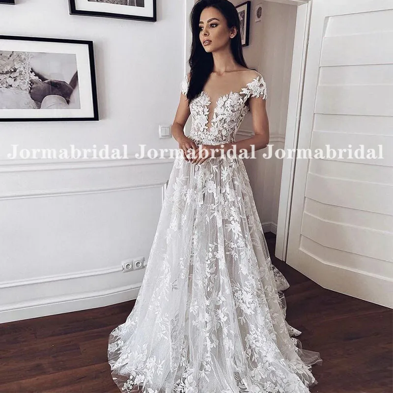 

2022 кружевные свадебные платья в стиле бохо, Прозрачный лиф с рукавами-крылышками, трапециевидные тюлевые свадебные платья, индивидуальное ...