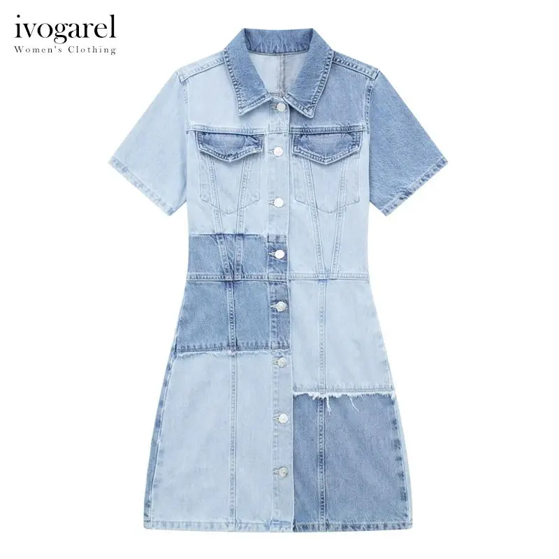 

Woman's Patchwork Denim Dress Short Collared Casual Dress with Mini Sleeves Contrast Faded Fabric Frayed Trims, Traff Style 2023
