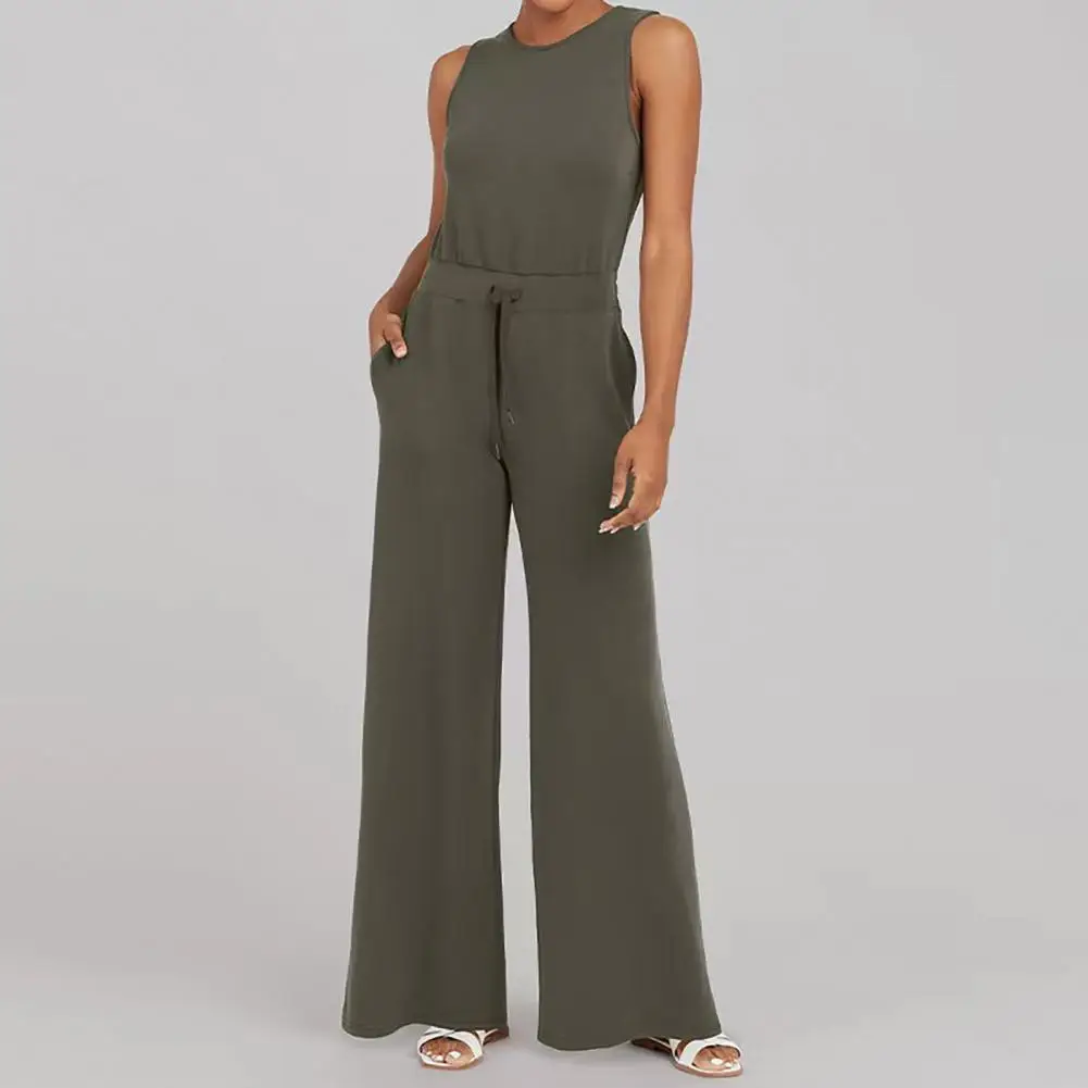 

Wide Leg Pants Elastic Waist Solid Color Sleeveless Non-Fading with Pocket Dress-up Cotton Blend Summer Women Trousers Casual Ju