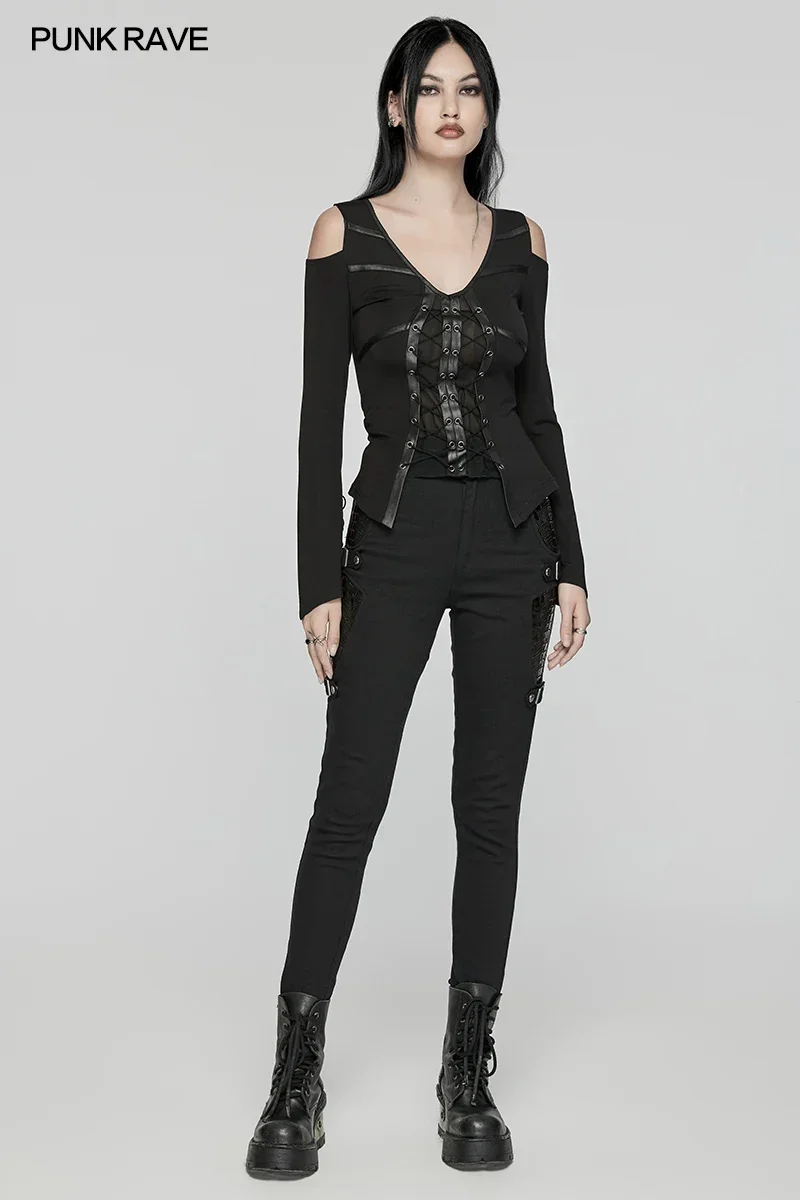 Женская сексуальная футболка в стиле панк с открытыми плечами готическом