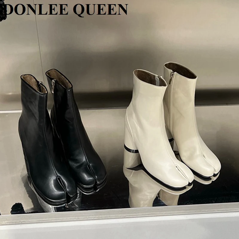 

Новинка 2023, брендовые дизайнерские ботинки Tabi с разрезом, женские ботинки на массивном высоком каблуке, Кожаные женские ботинки, модная зимняя обувь Botas Mujer