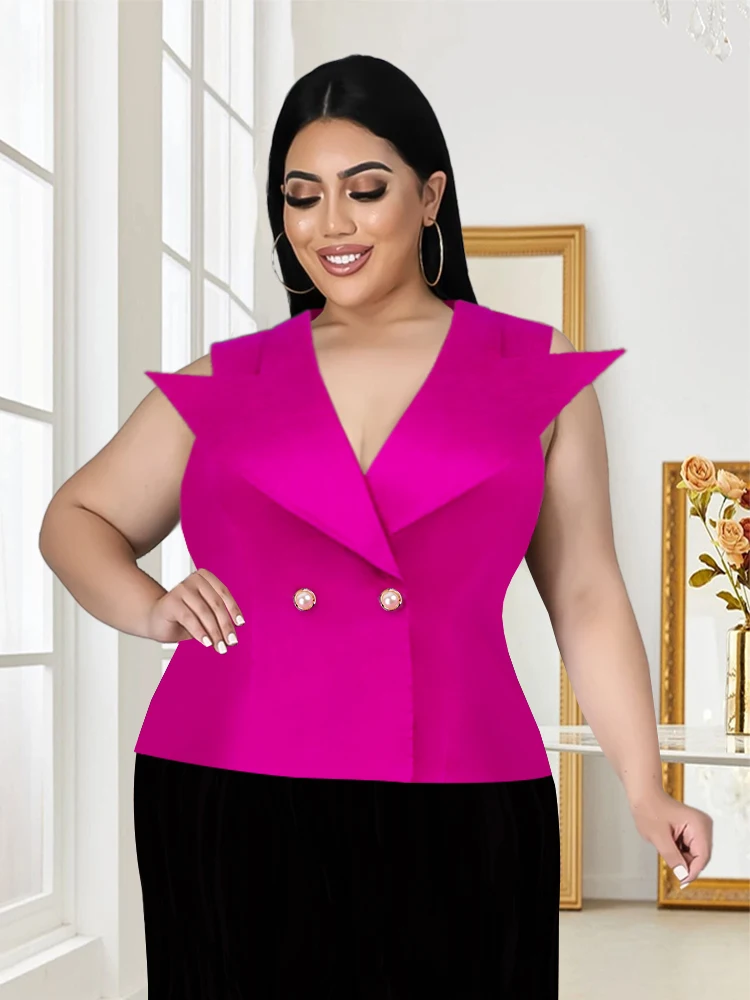 Plus Size 4XL Sexy Women Blouses Deep V Neck Shiny Rose Red Notched Lapel Buttons Sleeveless Tops Elegant Stylish Top Shirt 2023
