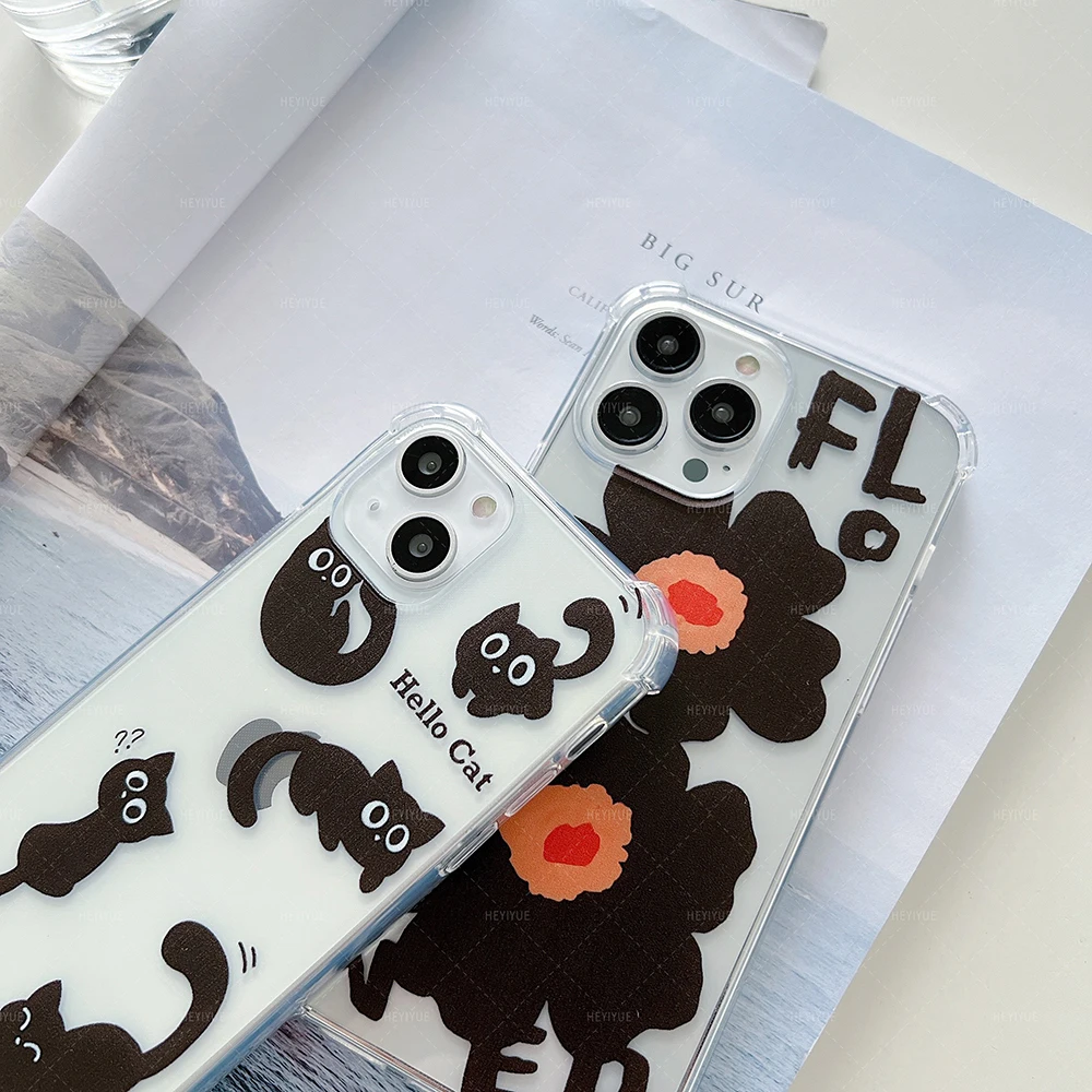 Прозрачный мягкий чехол для телефона из ТПУ с изображением черного кота и цветов