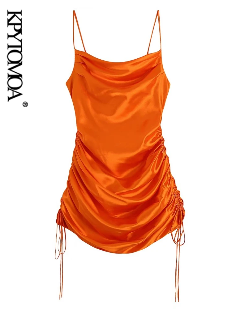 

KPYTOMOA Women Fashion With Ties Draped Satin Mini Dress Vintage Backless Thin Adjustable Straps Female Dresses Vestidos Mujer