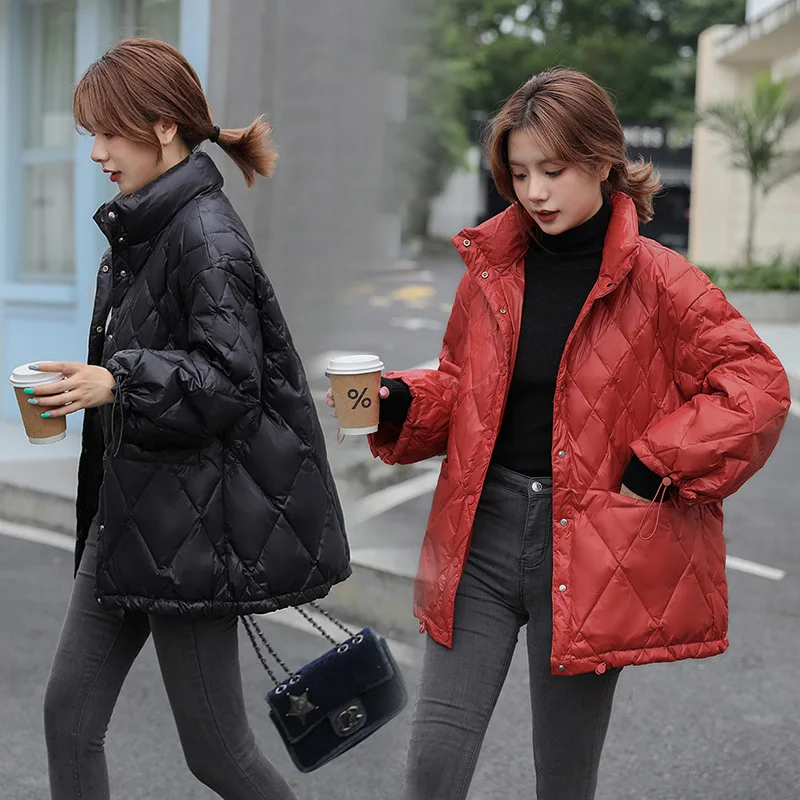 Hairless Collar Down Jacket White Duck Down Filled Long Sleeved Chessboard Composite Fabric Medium Length Puffer Jacket Winter