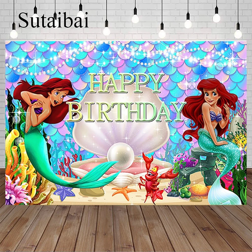

Black A Little Mermaid Backdrop for Birthday Party Decorations Princess Ariel Theme Banner for Baby Shower Party Supplies