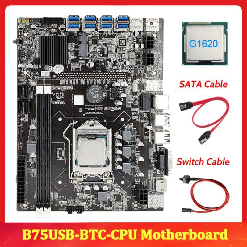 

B75 BTC Mining Motherboard+G1620 CPU+SATA Cable+Switch Cable LGA1155 12*PCIE To USB Support 2*DDR3 B75 USB BTC Motherboard