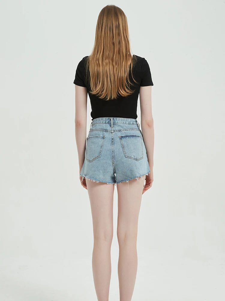 New Summer Women High Waist Hole Frayed Loose Blue Denim Shorts Streetwear Female Retro Raw Hem Jeans Shorts Bottoms