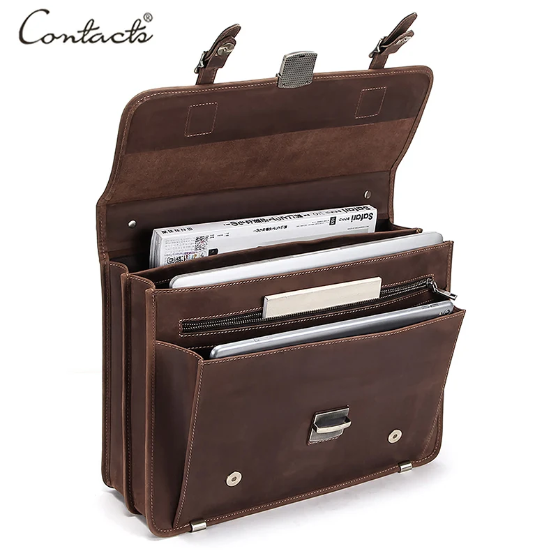 CONTACT'S Retro Men's Bag Crazy Horse Leather Men Briefcase Laptop Bag for 14 inch Male Business Shoulder Bags Large Capacity