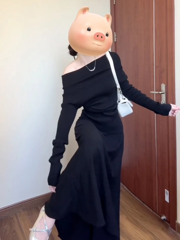 Hepburn Sle черное темпераментное платье с открытыми плечами женское 2024 новый