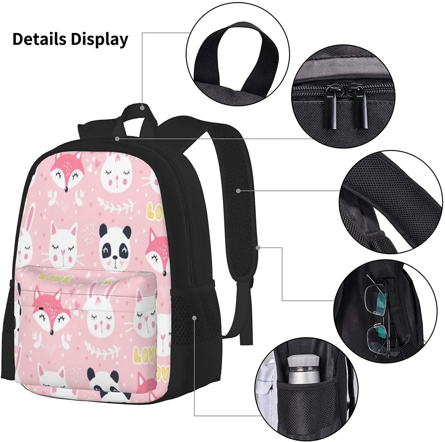 Kids School Backpack Fox, Panda, Cat Schoolbag Travel Bag Casual Daypack Lunch Bag Pencil Case for Boys Teens Girls 3pcs Sets
