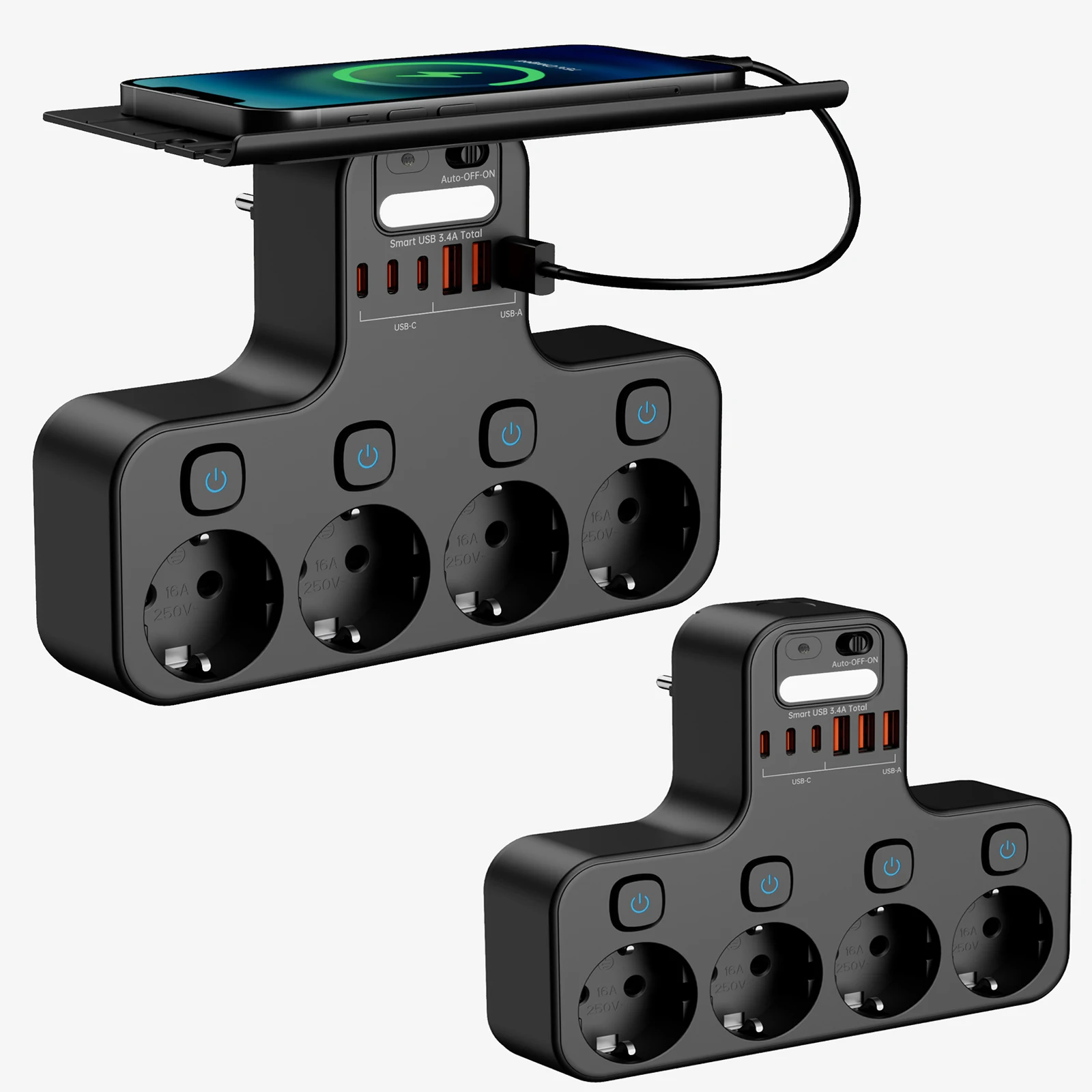 4000W Eu Plug Power Strip Multifunction Socket Smart Night Light Independent Switch European Standard Outlet with USB C Ports