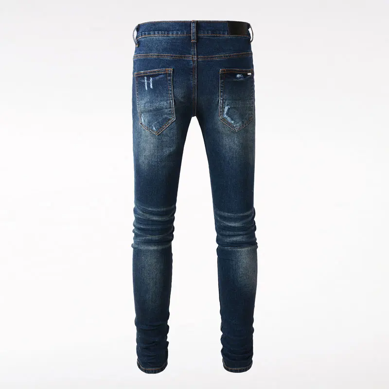 High Street Fashion Men Jeans Retro Dark Blue Elastic Stretch Skinny Ripped Jeans Men Leather Patched Hip Hop Brand Pants Hombre