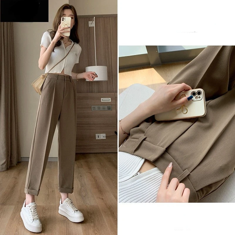 

Fashion Korean OL Style Women's Summer Spring 2023 New Straight Loose Casual Wide-leg Pants High-waisted Ankle-length Pants A47