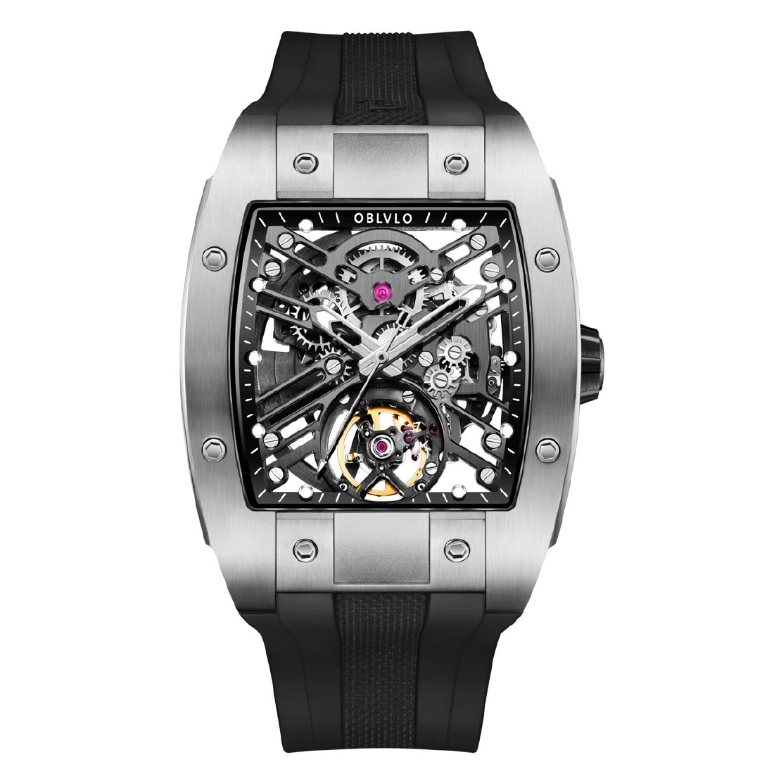 

OBLVLO Men Automatic Watch 44mm Luxury Mechanical Wristwatch Fashion Waterproof Tonneau Hollow Out Dial Sapphire Rubber Strap
