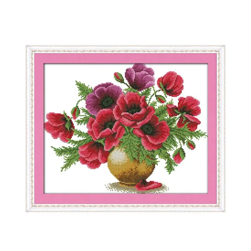 

Poppy flower vase cross stitch kit flower 18ct 14ct 11ct count printed canvas stitching embroidery DIY handmade needlework